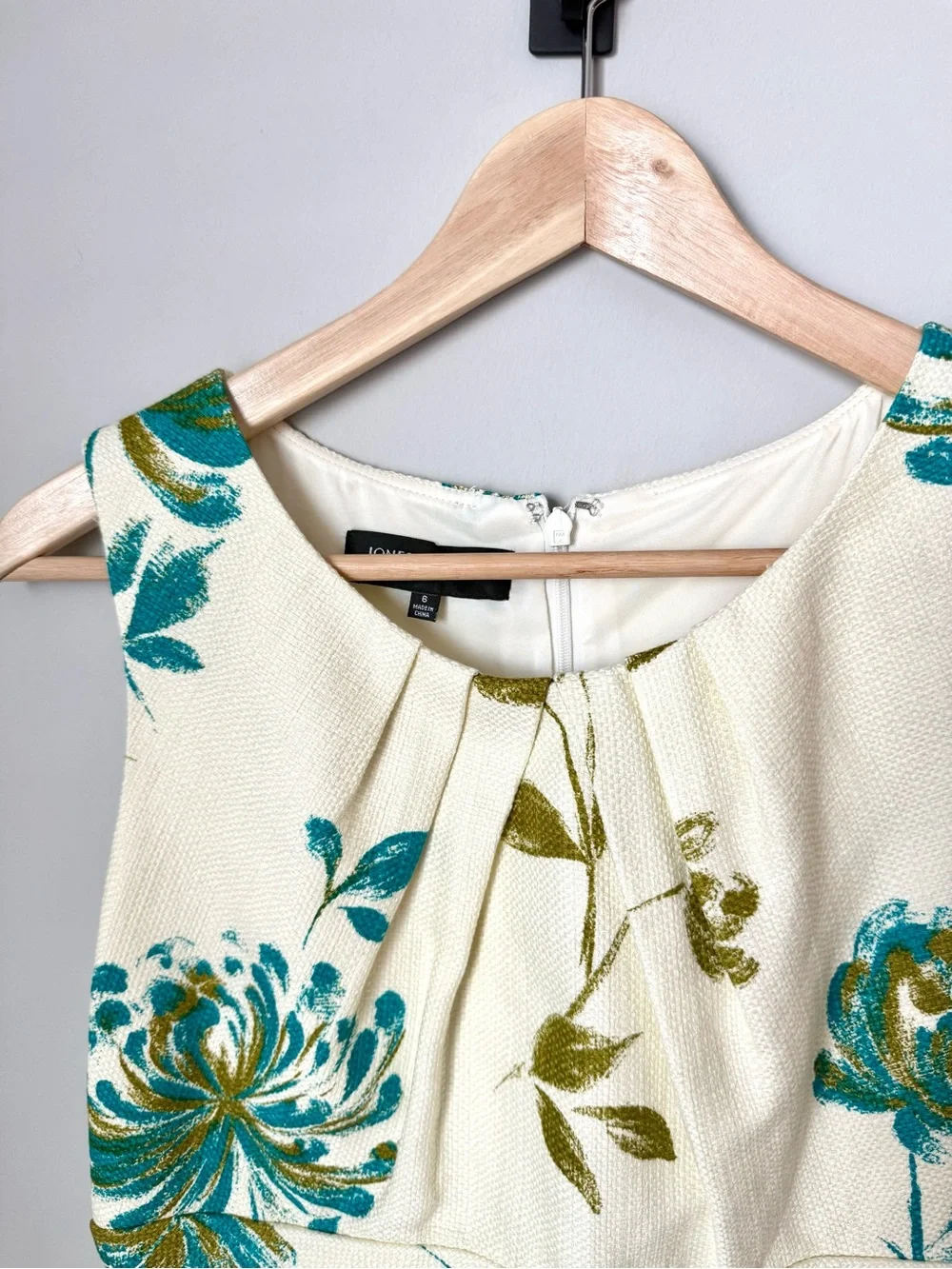 Sleeveless Cream Floral Sheath Dress with Teal & Olive Print Gathered Waistline